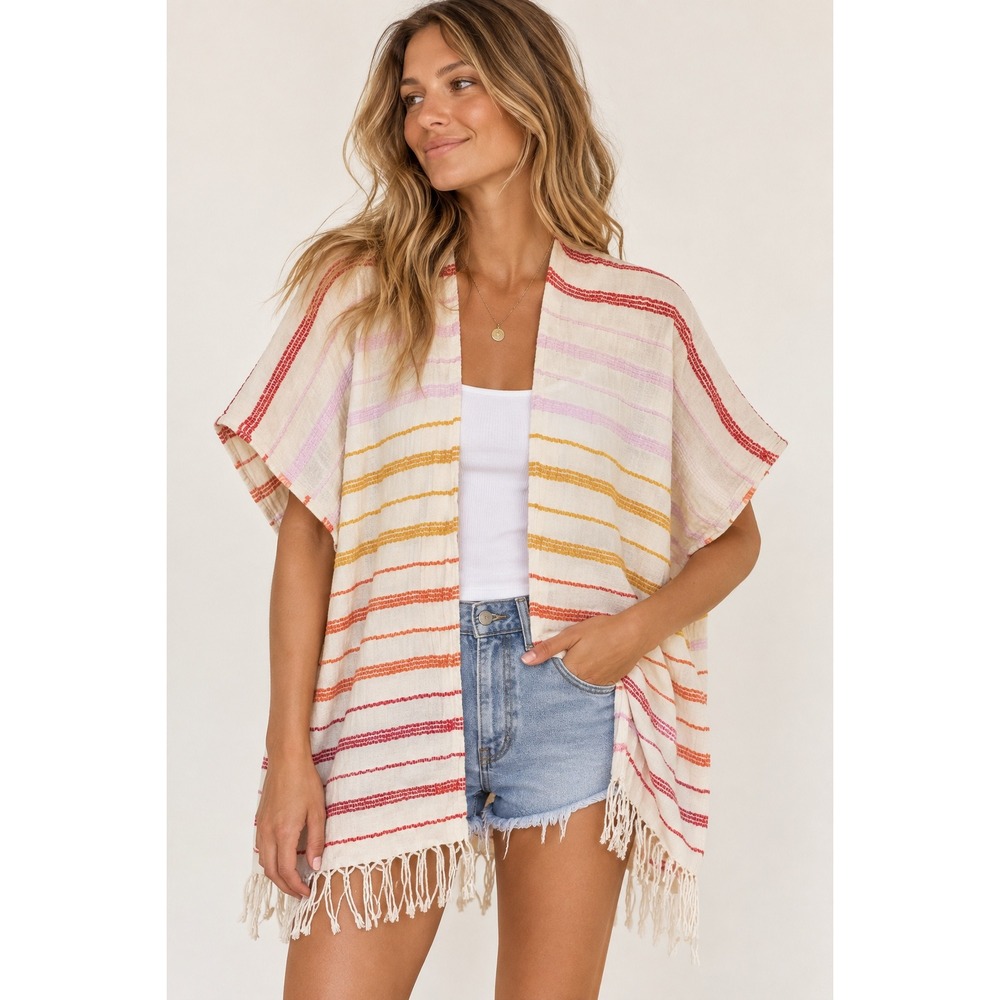 Aerie Women One Size Striped Fringe Kimono Wrap Multi-Color Cotton Gauze